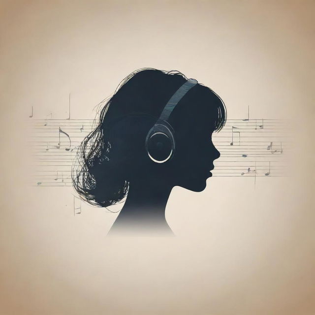 The 'Art of Music' expressed in a minimalist style. Feature a subtle, simple silhouette of a girl in the background, surrounded by subtle, linear representation of musical notes and symbols, avoiding gradients for a clean and modern look.