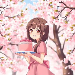 A lovely anime girl with brown hair, wearing a pink dress, cheerfully delivering a pink cake surrounded by stunning cherry blossom trees