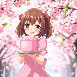 A lovely anime girl with brown hair, wearing a pink dress, cheerfully delivering a pink cake surrounded by stunning cherry blossom trees