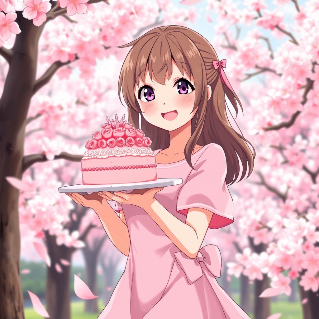 A lovely anime girl with brown hair, wearing a pink dress, cheerfully delivering a pink cake surrounded by stunning cherry blossom trees