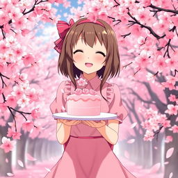 A lovely anime girl with brown hair, wearing a pink dress, cheerfully delivering a pink cake surrounded by stunning cherry blossom trees