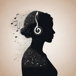 The 'Art of Music' expressed in a minimalist style. Feature a subtle, simple silhouette of a girl in the background, surrounded by subtle, linear representation of musical notes and symbols, avoiding gradients for a clean and modern look.