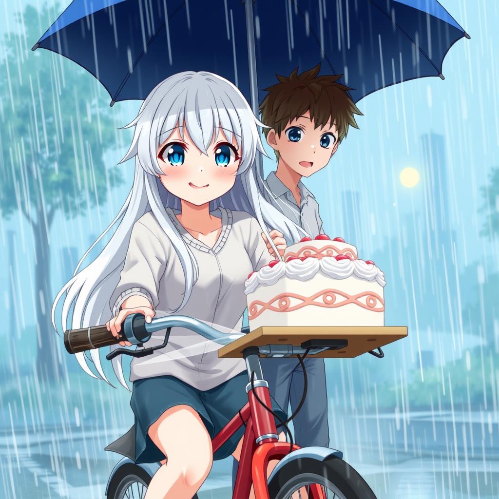 A beautiful anime girl with long white hair and striking blue eyes, determinedly delivering a cake while riding a bicycle in heavy rain