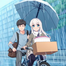 A beautiful anime girl with long white hair and striking blue eyes, determinedly delivering a cake while riding a bicycle in heavy rain