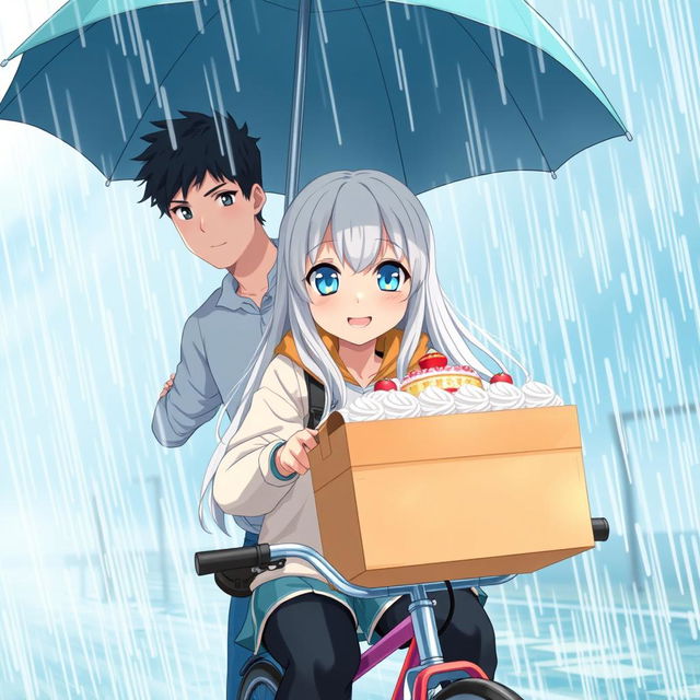 A beautiful anime girl with long white hair and striking blue eyes, determinedly delivering a cake while riding a bicycle in heavy rain