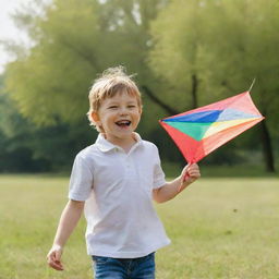 A cheerful child enjoying a sunny day in the park, with a big smile on their face, playing with a multicolored kite