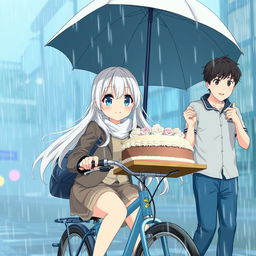 A beautiful anime girl with long white hair and striking blue eyes, determinedly delivering a cake while riding a bicycle in heavy rain