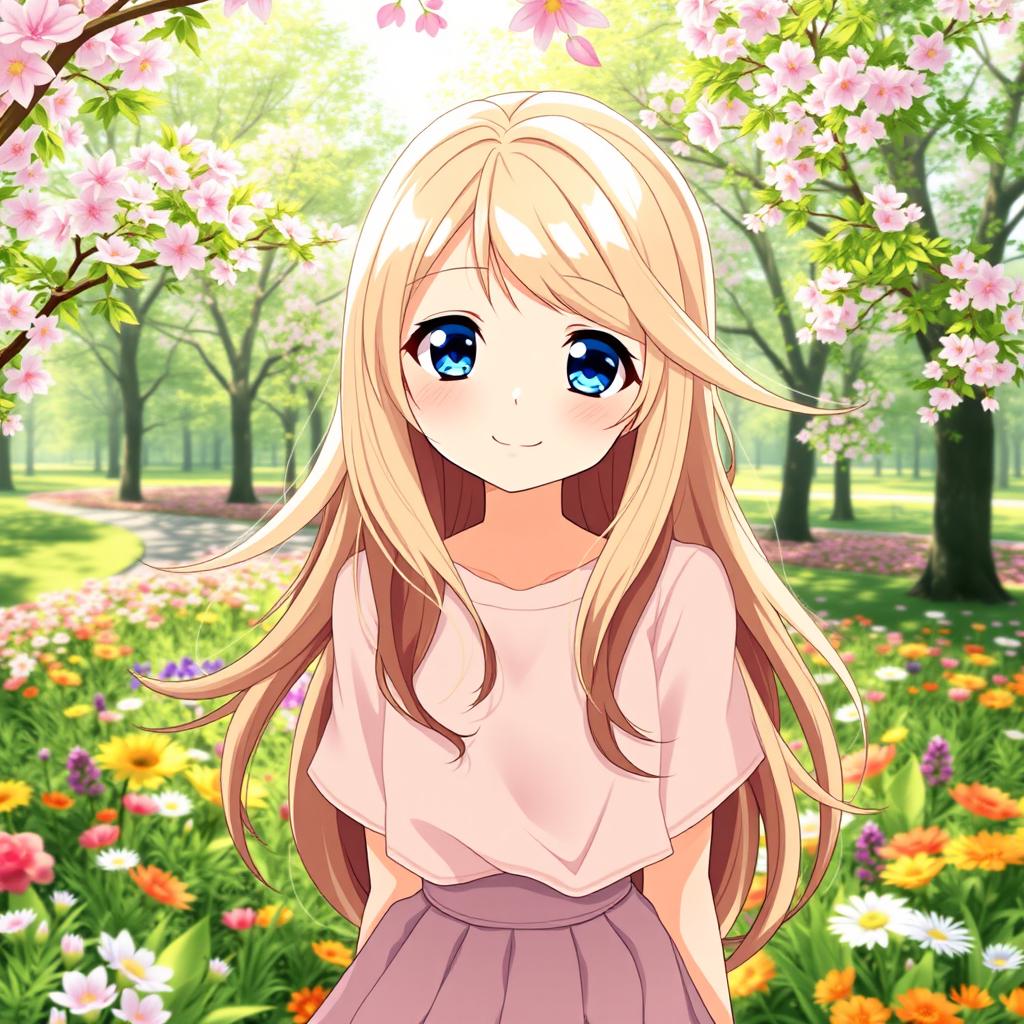 A beautiful anime girl with striking long blonde hair intermingled with stunning brown locks, her hair softly billowing in the wind