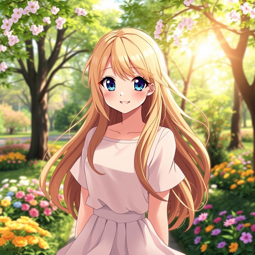 A beautiful anime girl with striking long blonde hair intermingled with stunning brown locks, her hair softly billowing in the wind