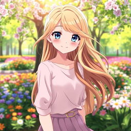 A beautiful anime girl with striking long blonde hair intermingled with stunning brown locks, her hair softly billowing in the wind