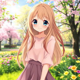 A beautiful anime girl with striking long blonde hair intermingled with stunning brown locks, her hair softly billowing in the wind