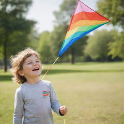 A cheerful child enjoying a sunny day in the park, with a big smile on their face, playing with a multicolored kite