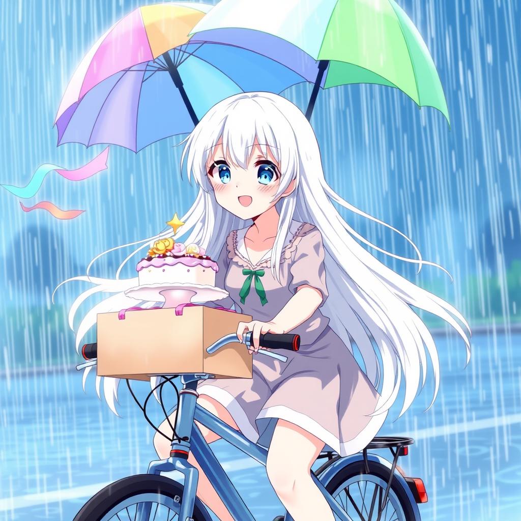 An enchanting anime girl with long white hair and sparkling blue eyes, joyfully delivering a cake while riding a bicycle in a heavy downpour