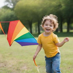 A cheerful child enjoying a sunny day in the park, with a big smile on their face, playing with a multicolored kite