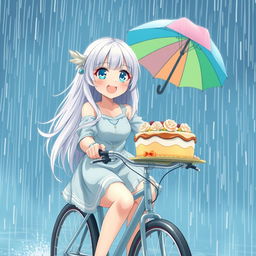 An enchanting anime girl with long white hair and sparkling blue eyes, joyfully delivering a cake while riding a bicycle in a heavy downpour