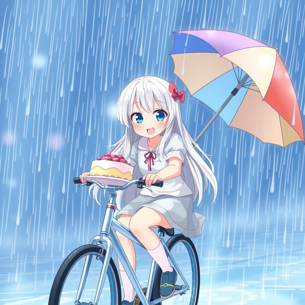 An enchanting anime girl with long white hair and sparkling blue eyes, joyfully delivering a cake while riding a bicycle in a heavy downpour