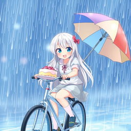 An enchanting anime girl with long white hair and sparkling blue eyes, joyfully delivering a cake while riding a bicycle in a heavy downpour