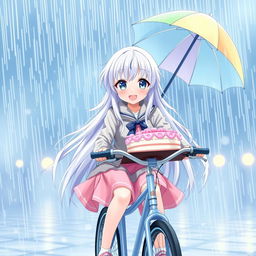 An enchanting anime girl with long white hair and sparkling blue eyes, joyfully delivering a cake while riding a bicycle in a heavy downpour