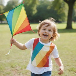 A cheerful child enjoying a sunny day in the park, with a big smile on their face, playing with a multicolored kite