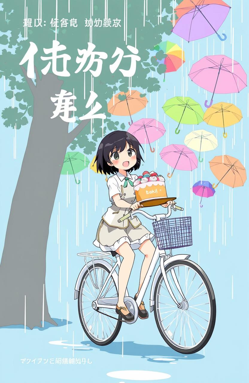 A whimsical anime book cover featuring a character with black hair, joyfully delivering a cake in the rain while riding a white bicycle