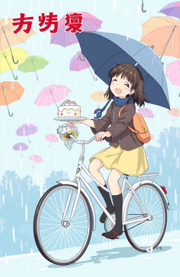 A whimsical anime book cover featuring a character with black hair, joyfully delivering a cake in the rain while riding a white bicycle