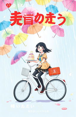 A whimsical anime book cover featuring a character with black hair, joyfully delivering a cake in the rain while riding a white bicycle