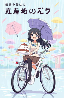 A whimsical anime book cover featuring a character with black hair, joyfully delivering a cake in the rain while riding a white bicycle