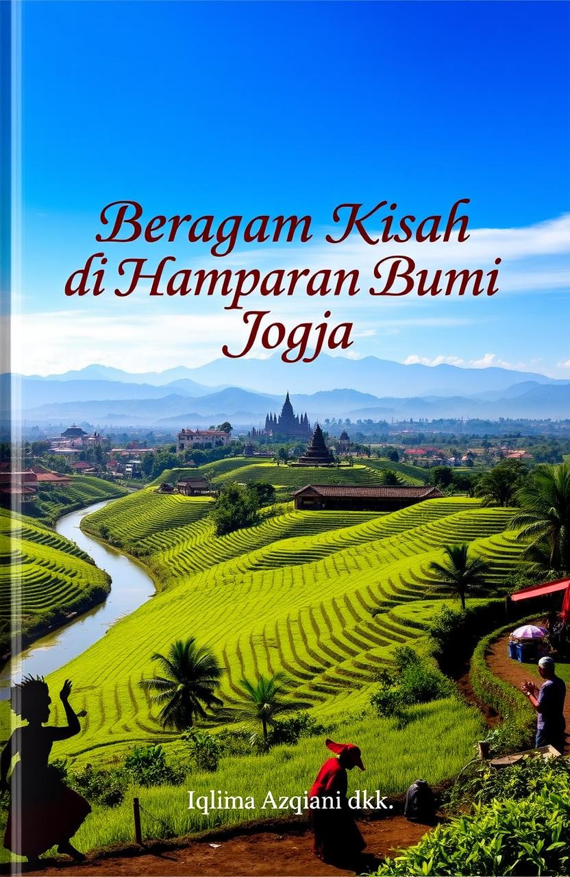 A breathtaking panoramic view of Yogyakarta featuring the iconic Borobudur Temple and the majestic Merapi mountains under a bright blue sky