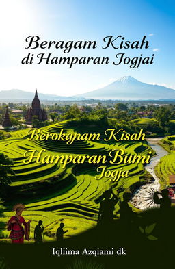 A breathtaking panoramic view of Yogyakarta featuring the iconic Borobudur Temple and the majestic Merapi mountains under a bright blue sky