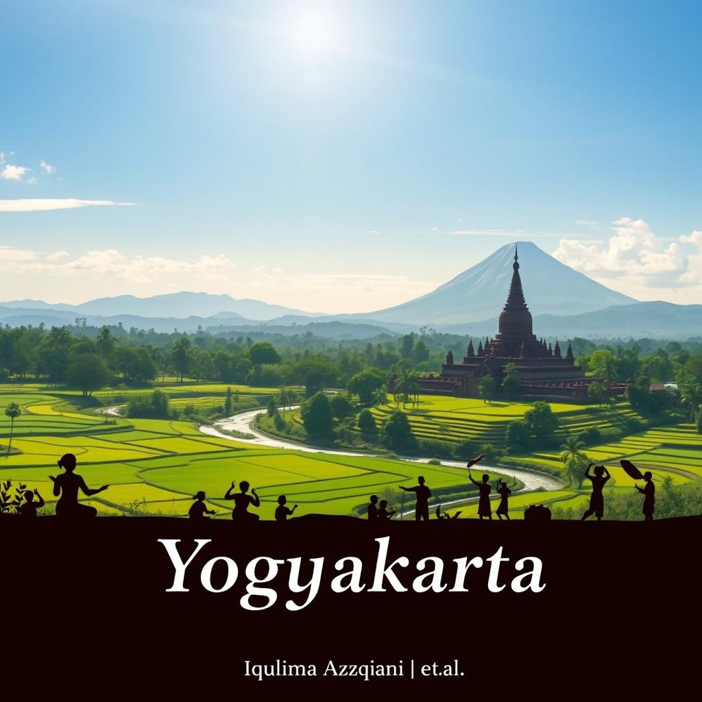 A panoramic view of Yogyakarta's natural beauty, featuring the iconic Borobudur Temple and the majestic Merapi mountain under a bright blue sky