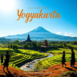 A panoramic view of Yogyakarta's natural beauty, featuring the iconic Borobudur Temple and the majestic Merapi mountain under a bright blue sky