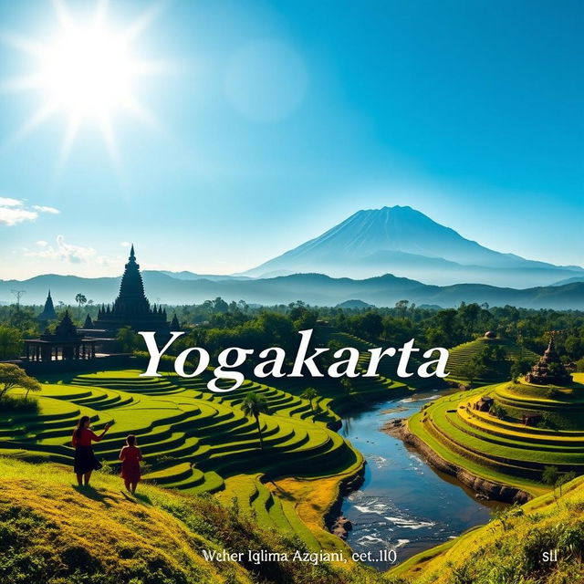 A panoramic view of Yogyakarta's natural beauty, featuring the iconic Borobudur Temple and the majestic Merapi mountain under a bright blue sky