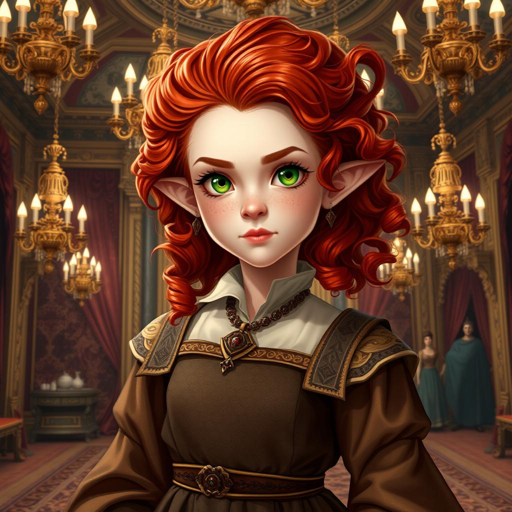 A female halfling noble with wild curly red hair cascading around her shoulders, bright green eyes sparkling with confidence, and soft freckles adorning her cheeks