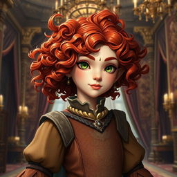 A female halfling noble with wild curly red hair cascading around her shoulders, bright green eyes sparkling with confidence, and soft freckles adorning her cheeks