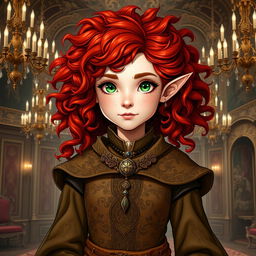 A female halfling noble with wild curly red hair cascading around her shoulders, bright green eyes sparkling with confidence, and soft freckles adorning her cheeks