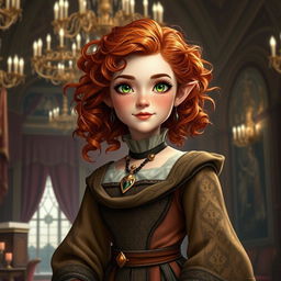 A female halfling noble with wild curly red hair cascading around her shoulders, bright green eyes sparkling with confidence, and soft freckles adorning her cheeks