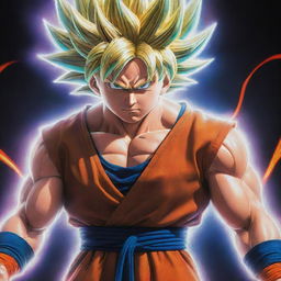 An illustration of Goku from Dragon Ball Z in a powerful, never-before-seen Super Saiyan form, glowing with intensified colors and raw energy, with his distinctive hair transformed to highlight this new power level.