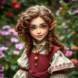 A female halfling noble with wild curly brown hair cascading down her shoulders, bright green eyes sparkling with mischief, and soft freckles adorning her cheeks