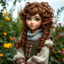 A female halfling noble with wild curly brown hair cascading down her shoulders, bright green eyes sparkling with mischief, and soft freckles adorning her cheeks