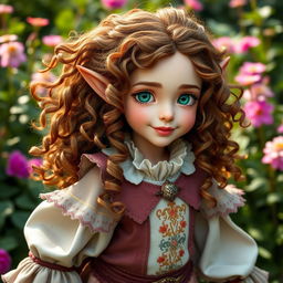 A female halfling noble with wild curly brown hair cascading down her shoulders, bright green eyes sparkling with mischief, and soft freckles adorning her cheeks