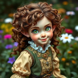 A female halfling noble with wild curly brown hair cascading down her shoulders, bright green eyes sparkling with mischief, and soft freckles adorning her cheeks