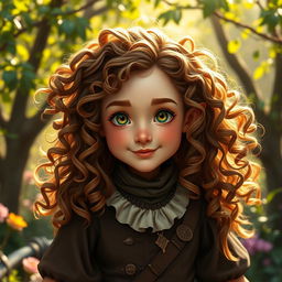 A charming female halfling noble characterized by her wild, curly brown hair that cascades around her face