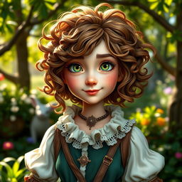 A charming female halfling noble characterized by her wild, curly brown hair that cascades around her face