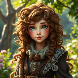 A charming female halfling noble characterized by her wild, curly brown hair that cascades around her face