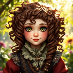 A charming female halfling noble characterized by her wild, curly brown hair that cascades around her face