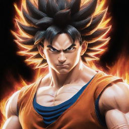 An illustration of Goku from Dragon Ball Z in a powerful, never-before-seen Super Saiyan form, glowing with intensified colors and raw energy, with his distinctive hair transformed to highlight this new power level.