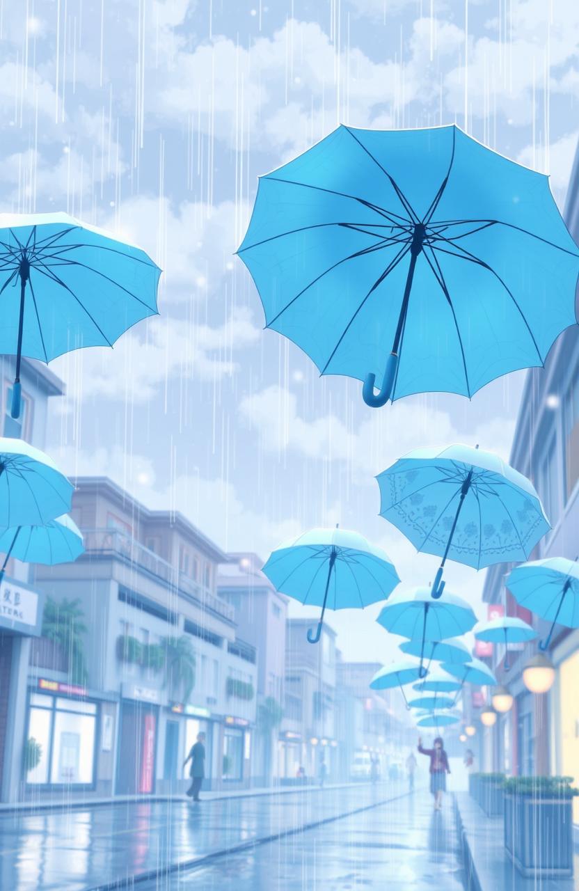 A serene anime scene featuring a gentle rain with pastel blue umbrellas floating gracefully in the air