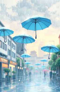 A serene anime scene featuring a gentle rain with pastel blue umbrellas floating gracefully in the air