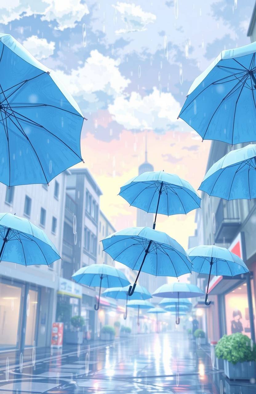 A serene anime scene featuring a gentle rain with pastel blue umbrellas floating gracefully in the air