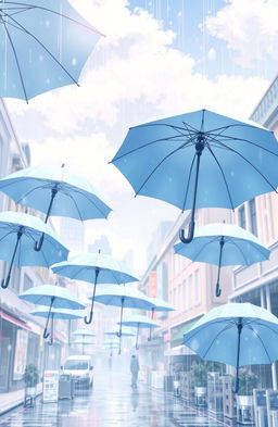 A serene anime scene featuring a gentle rain with pastel blue umbrellas floating gracefully in the air